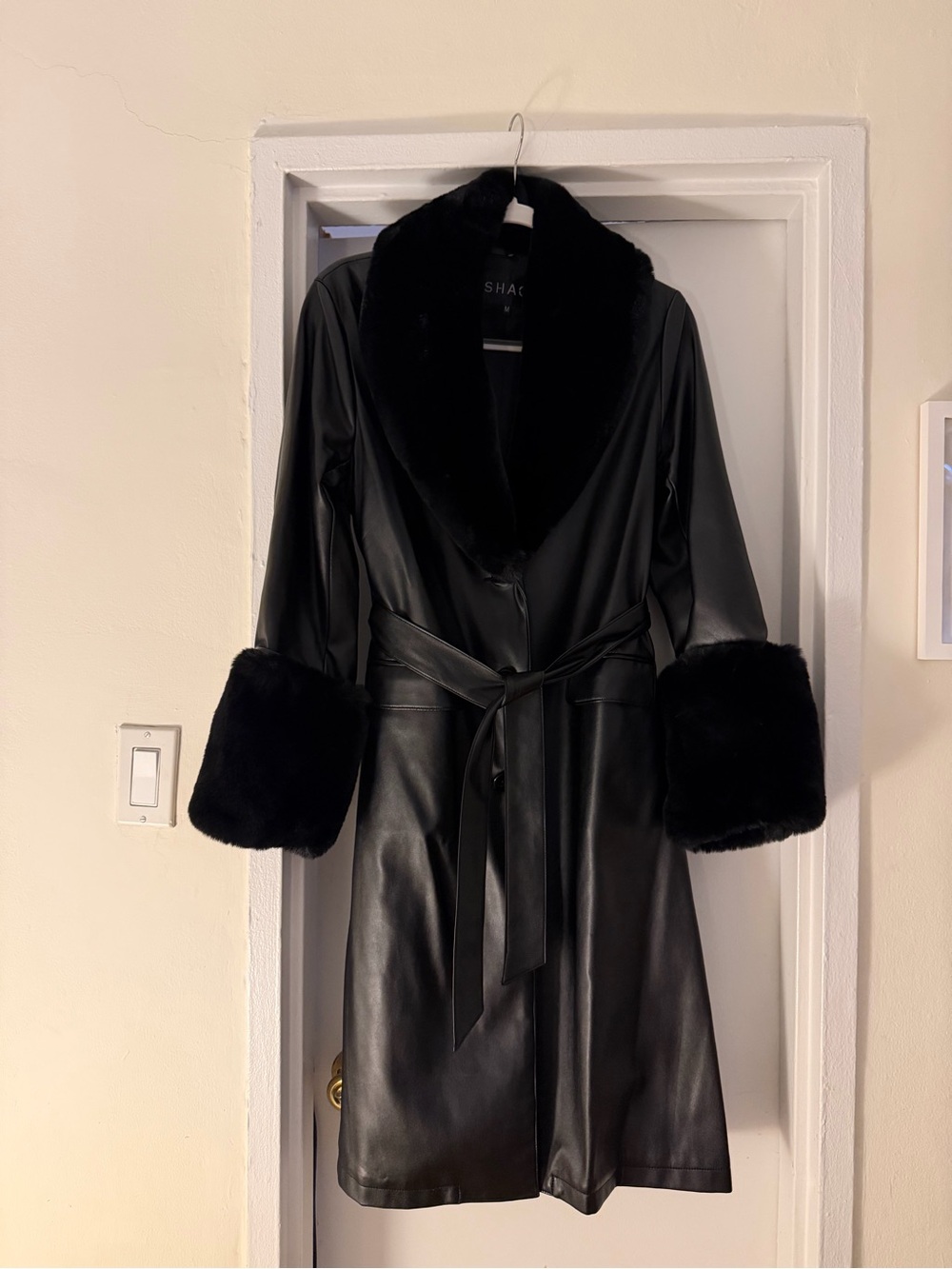 Black Faux Leather Trench Coat with Faux Fur Collar & Cuffs